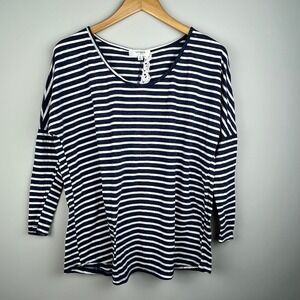 Umgee USA Navy White Stripe Crochet Back Casual Top Womens M